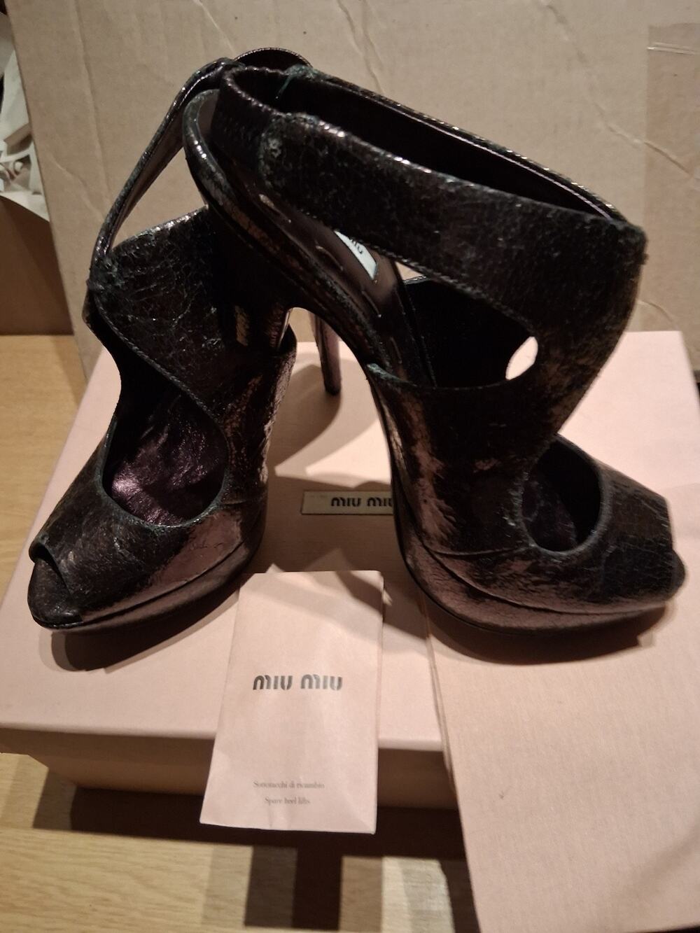 NIB MIU MIU PRADA 5X7027 BRONZE BROWN CRACKE LEATHER HEEL SANDALS PUMPS 37 ITALY